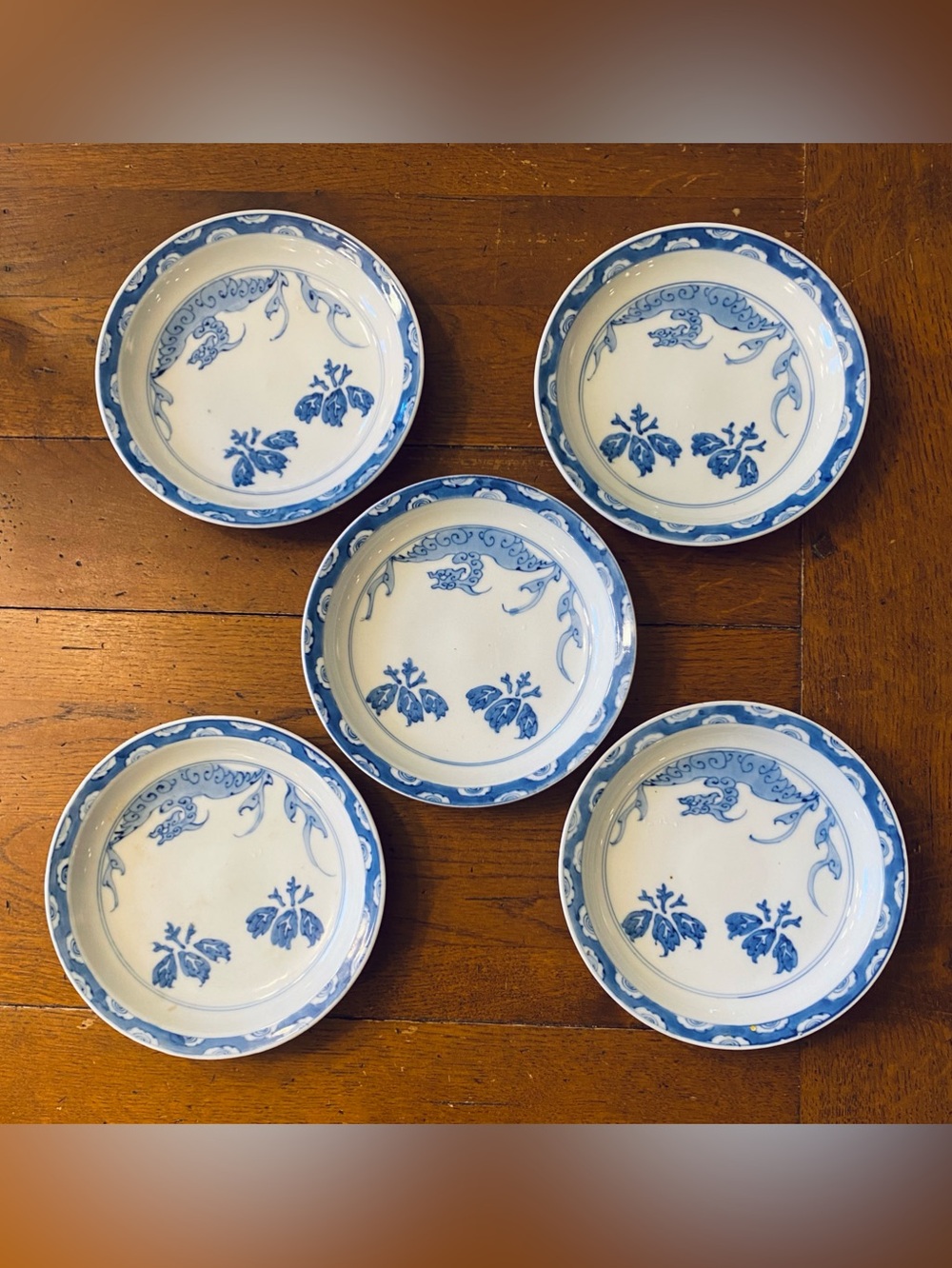 5 Antique Japanese Imari Porcelain Plates Blue White Dragon Meiji Marked Fuku